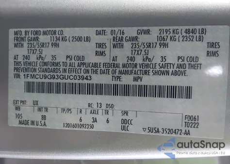 2016 Ford Escape Se from USA, damaged, VIN 1FMCU9G93GUC03943